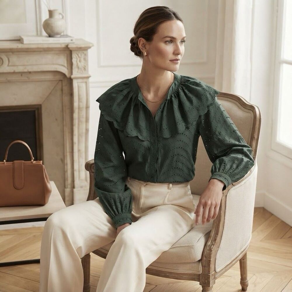 NWT Caroline Constas Eyelet Lace Ruffle Collar Blouse size M Green Cottagecore